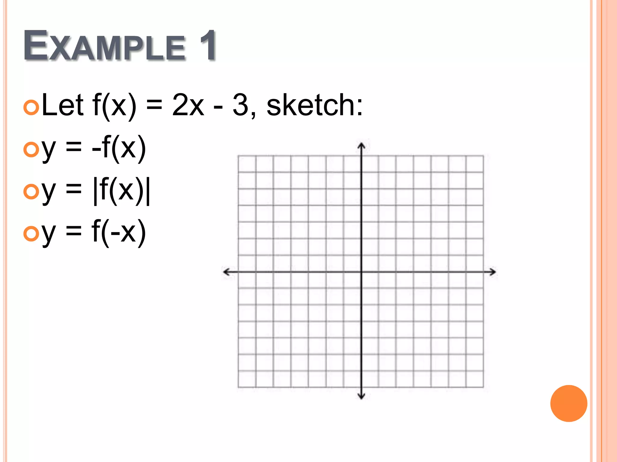 EXAMPLE 1
Let

f(x) = 2x - 3, sketch:
y = -f(x)
y = |f(x)|
y = f(-x)

 