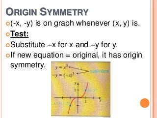 ORIGIN SYMMETRY
(-x,

-y) is on graph whenever (x, y) is.
Test:
Substitute –x for x and –y for y.
If new equation = original, it has origin
symmetry.

 