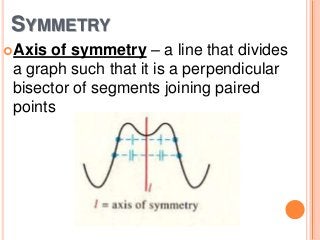 SYMMETRY
of symmetry – a line that divides
a graph such that it is a perpendicular
bisector of segments joining paired
points

Axis

 