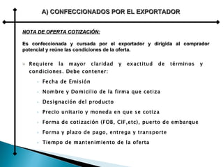 Requiere la mayor claridad y exactitud de términos y condiciones. Debe contener: Fecha de Emisión Nombre y Domicilio de la firma que cotiza Designación del producto Precio unitario y moneda en que se cotiza Forma de cotización (FOB, CIF,etc), puerto de embarque Forma y plazo de pago, entrega y transporte Tiempo de mantenimiento de la oferta A) CONFECCIONADOS POR EL EXPORTADOR NOTA DE OFERTA COTIZACIÓN: Es confeccionada y cursada por el exportador y dirigida al comprador potencial y reúne las condiciones de la oferta. 