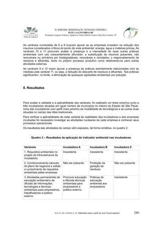 XI SEMINÁRIO MODERNIZAÇÃO TECNOLÓGIA PERIFÉRICA
RECIFE, 4 a 6 de NOVEMBRO de 2009
Fundação Joaquim Nabuco, Apipucos, Sala Gilberto Osório, Rua Dois Irmãos, 92
As variáveis numeradas de 6 a 8 buscam apurar se as empresas investem na redução dos
insumos considerados críticos do ponto de vista ambiental: energia, água e matérias primas. As
variáveis 10 e 11 procuram avaliar a presença e a intensidade de duas outras práticas
ambientais com uso crescentemente difundido: a substituição de insumos poluentes, não
renováveis ou primários por biodegradáveis, renováveis e reciclados; o reaproveitamento de
resíduos e efluentes, tanto no próprio processo produtivo como destinando-os para outras
atividades externas.
As variáveis 9 e 12 visam apurar a presença de práticas estreitamente relacionadas com as
medidas pela variável 11, ou seja, a redução do descarte de resíduos e efluentes. Tais práticas
significariam, no limite, a eliminação de quaisquer agressões ambientais por poluição.
8. Resultados
Para avaliar a validade e a aplicabilidade das variáveis, foi realizado um teste empírico junto a
três incubadoras situadas em igual número de municípios no interior do Estado de São Paulo.
Uma das incubadoras com perfil mais próximo da modalidade de tecnológicas e as outras duas
situadas no campo das ditas tradicionais.
Para verificar a aplicabilidade de cada variável às realidades das incubadoras e das empresas
incubadas foi necessário investigar as atividades nucleares de cada empresa e conhecer seus
processos operacionais.
Os resultados das atividades de campo vêm expostos, de forma sintética, no quadro 2.
Quadro 3 – Resultados da aplicação do indicador ambiental nas incubadoras
Variáveis Incubadora A Incubadora B Incubadora C
1. Requisitos ambientais no
projeto de infra-estrutura da
incubadora
Inexistente Inexistente Inexistente
2. Condicionamento (através
do plano de negócios e edital)
a cumprimento de requisitos
ambientais pelas empresas
Não ser poluente Proibição da
geração de
resíduos
Não ser poluente
3. Atividades permanentes de
educação ambiental e de
difusão de informações,
tecnologias e técnicas
ambientais para empresários,
trabalhadores e público
externo
Promove educação
e difunde técnicas
ambientais para
empresários e
público externo.
Práticas de
educação
ambiental aos
empresários
Inexistente
SOUZA, BS; FONSECA, SA. Reflexões sobre o perfil de uma “Ecoincubadora” 280
 