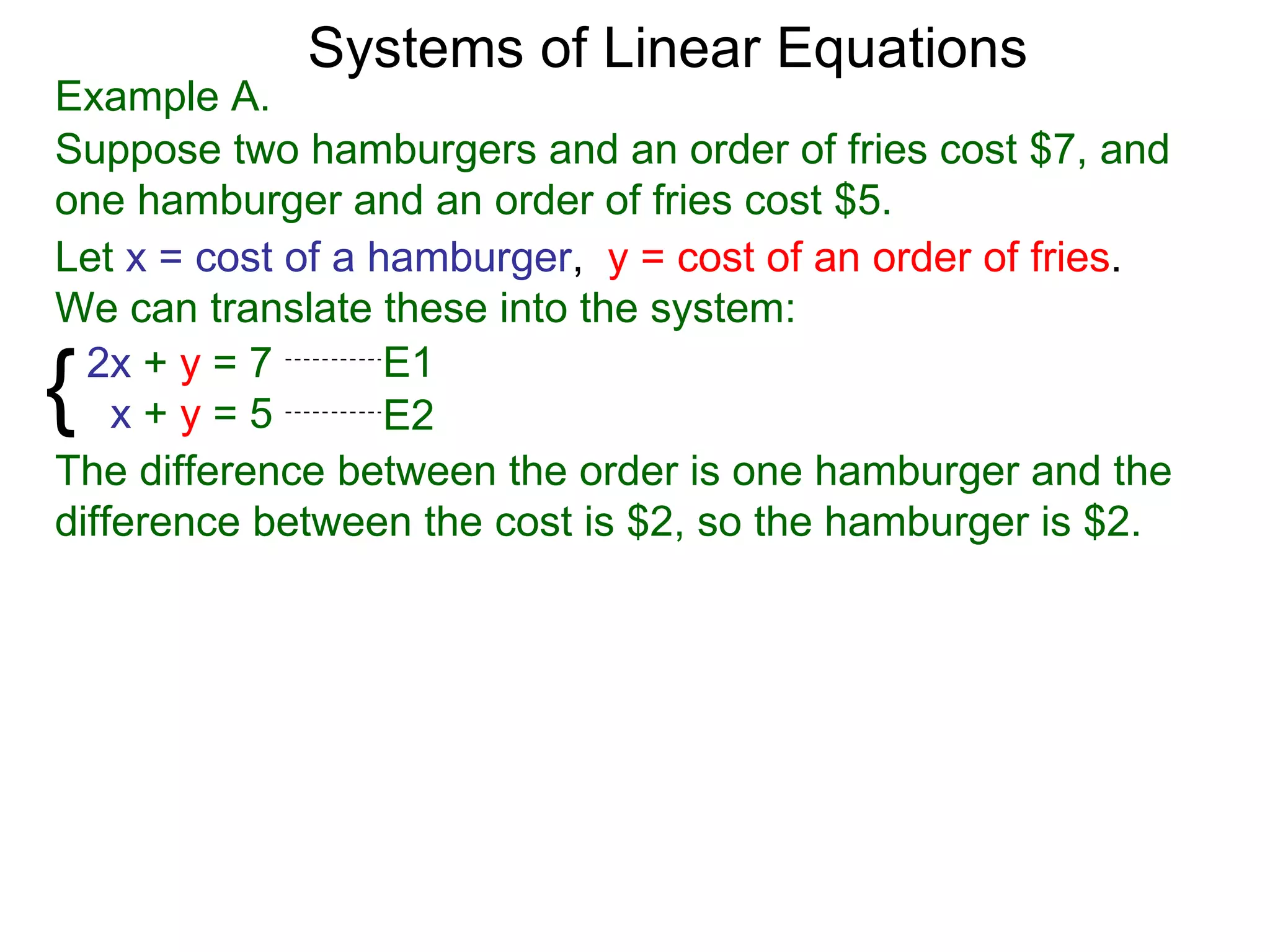 Systems of Linear Equations
Example A.
Suppose two hamburgers and an order of fries cost $7, and
one hamburger and an order of fries cost $5.
Let x = cost of a hamburger, y = cost of an order of fries.
We can translate these into the system:

{ 2x + y = 7
    x+y=5
                   E1
                   E2
The difference between the order is one hamburger and the
difference between the cost is $2, so the hamburger is $2.
 
