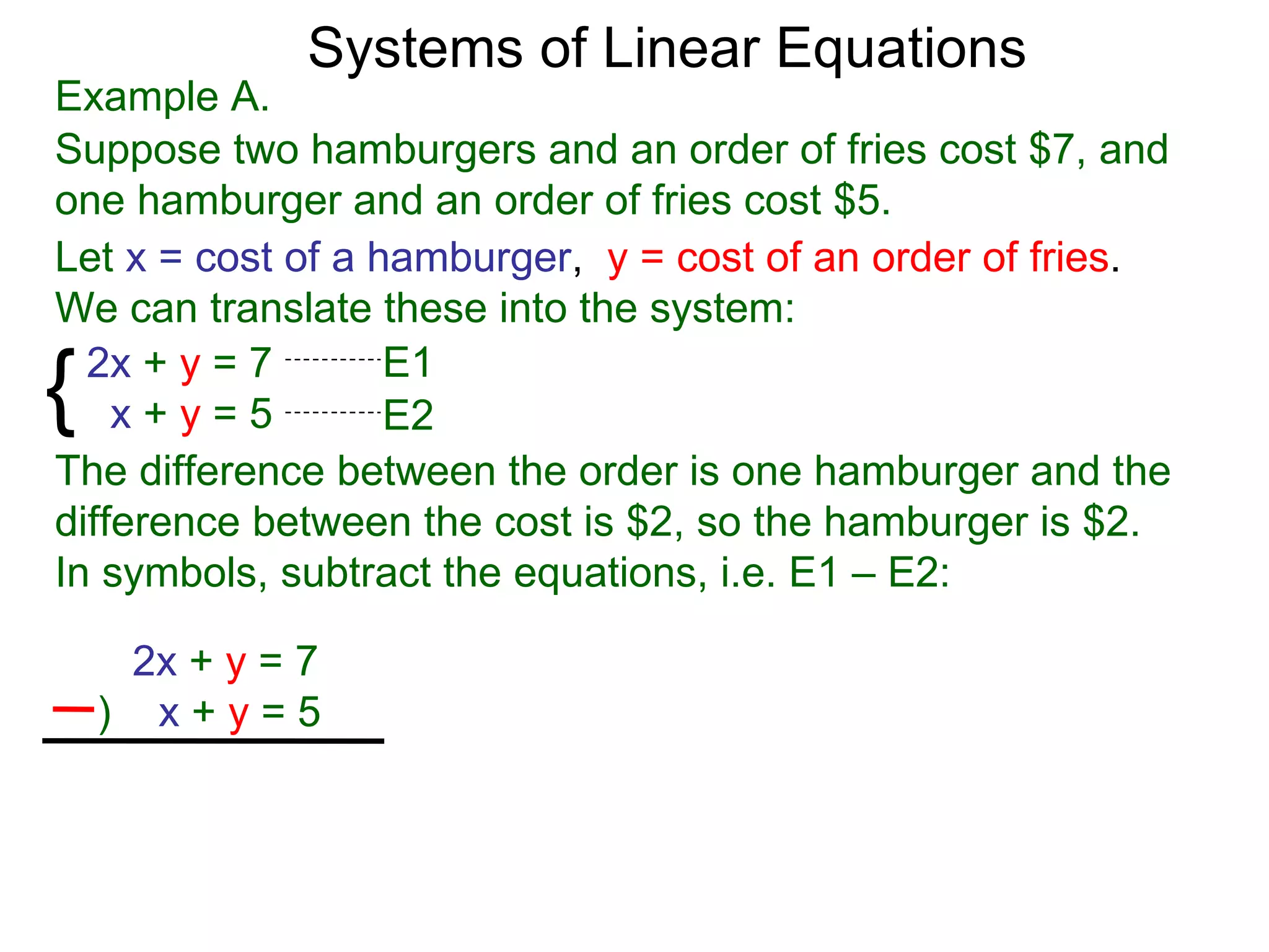 Systems of Linear Equations
Example A.
Suppose two hamburgers and an order of fries cost $7, and
one hamburger and an order of fries cost $5.
Let x = cost of a hamburger, y = cost of an order of fries.
We can translate these into the system:

{ 2x + y = 7
    x+y=5
                   E1
                   E2
The difference between the order is one hamburger and the
difference between the cost is $2, so the hamburger is $2.
In symbols, subtract the equations, i.e. E1 – E2:

     2x + y = 7
    ) x+y=5
 