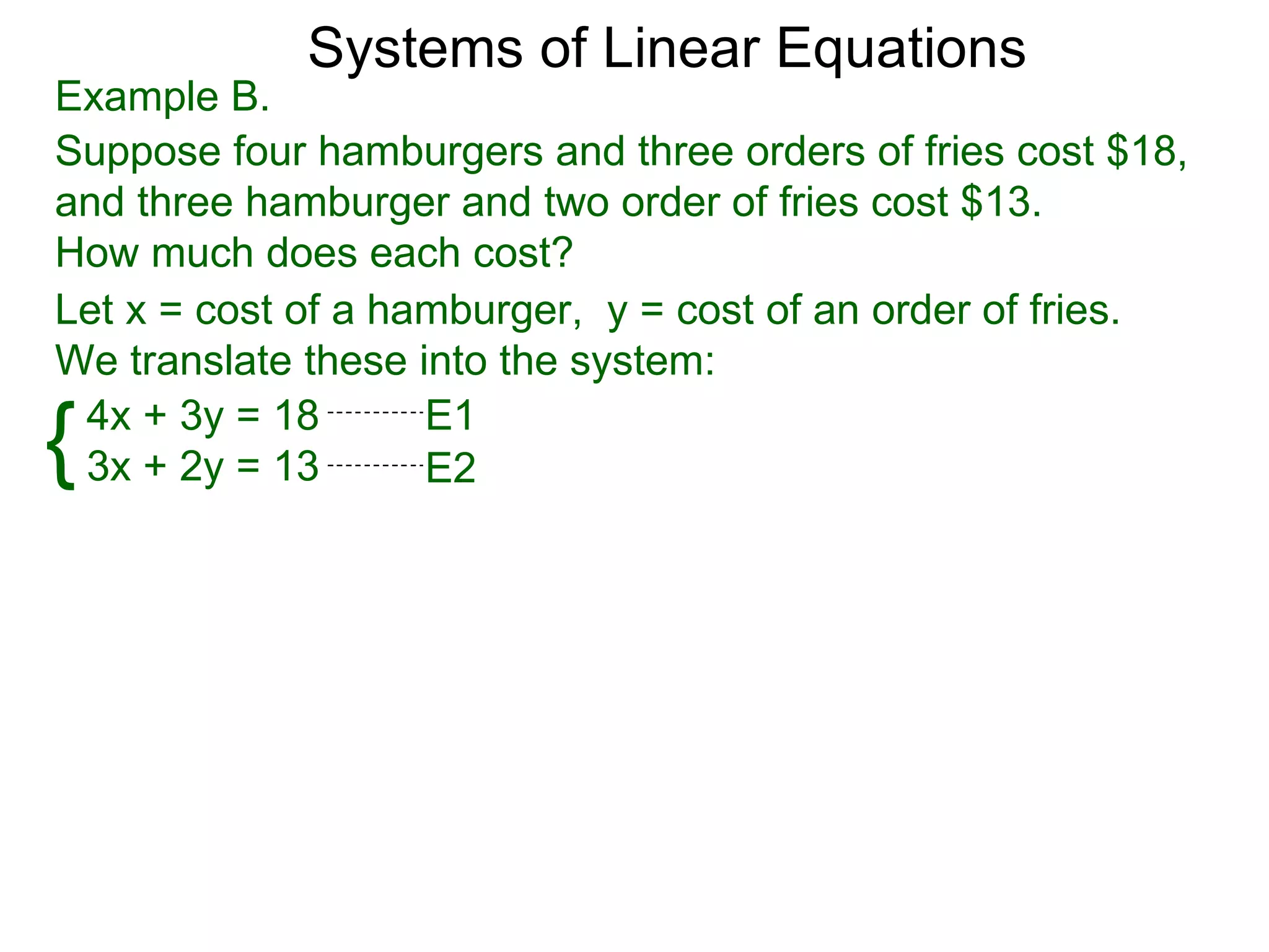 Systems of Linear Equations
Example B.
Suppose four hamburgers and three orders of fries cost $18,
and three hamburger and two order of fries cost $13.
How much does each cost?
Let x = cost of a hamburger, y = cost of an order of fries.
We translate these into the system:

{4x + 3y = 18
 3x + 2y = 13
                    E1
                    E2
 