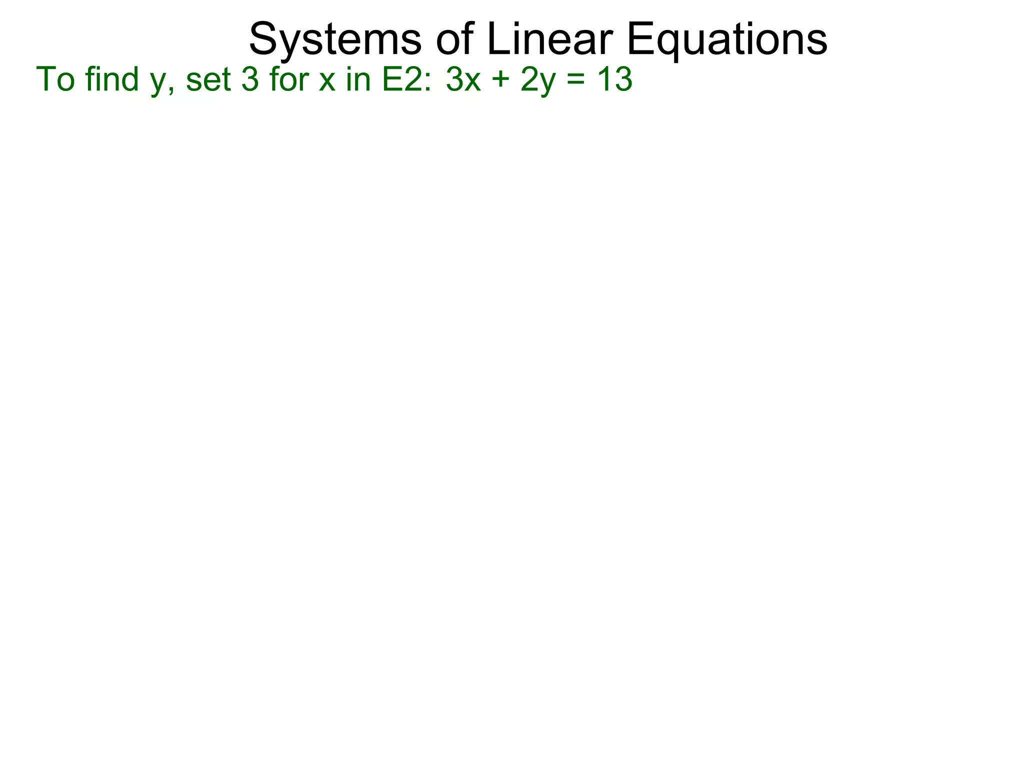 Systems of Linear Equations
To find y, set 3 for x in E2: 3x + 2y = 13
 