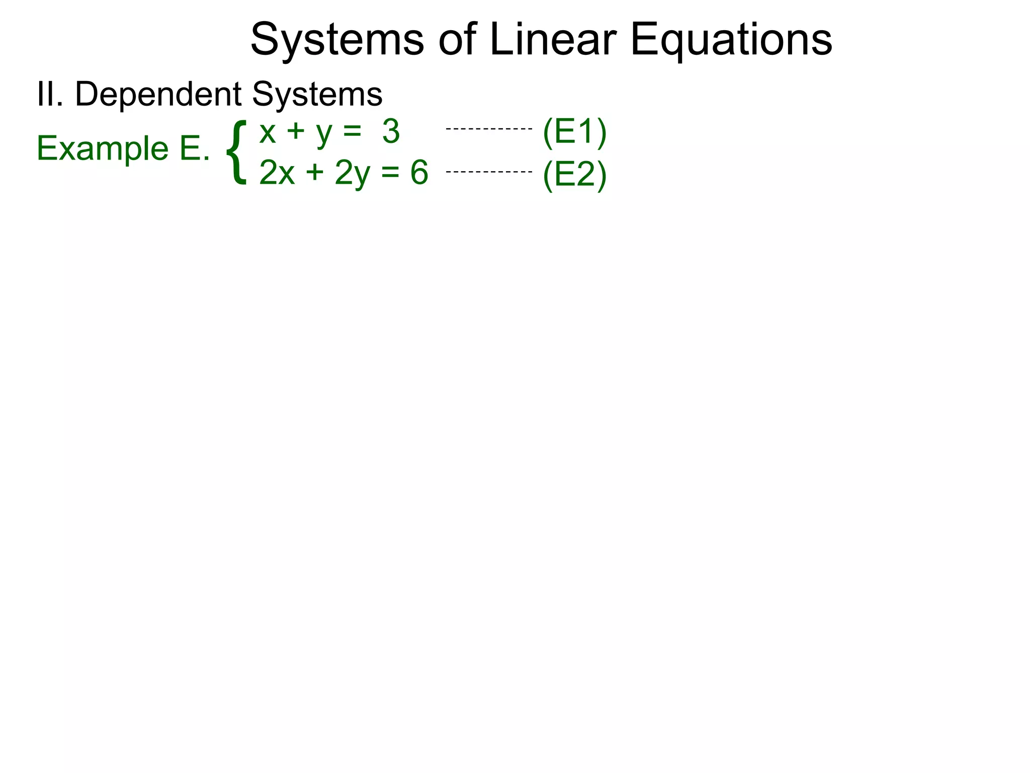 Systems of Linear Equations
II. Dependent Systems
            {
Example E. x + y = 3
              2x + 2y = 6
                             (E1)
                             (E2)
 