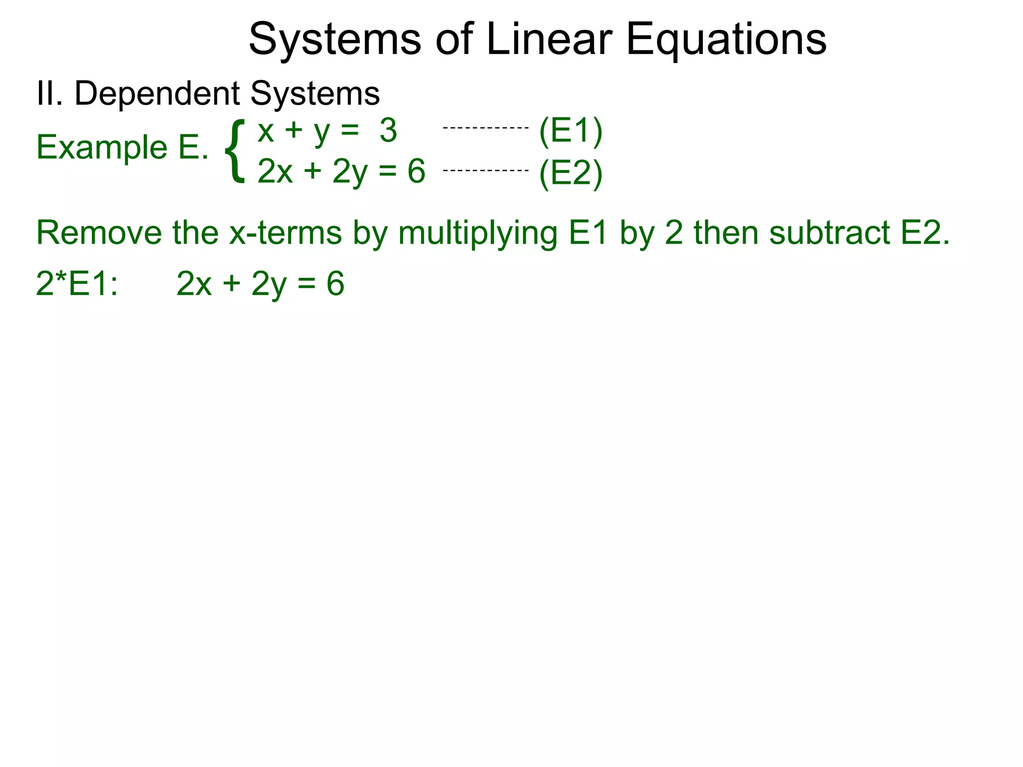 Systems of Linear Equations
II. Dependent Systems
            {
Example E. x + y = 3
              2x + 2y = 6
                                (E1)
                                (E2)
Remove the x-terms by multiplying E1 by 2 then subtract E2.
2*E1:  2x + 2y = 6
 