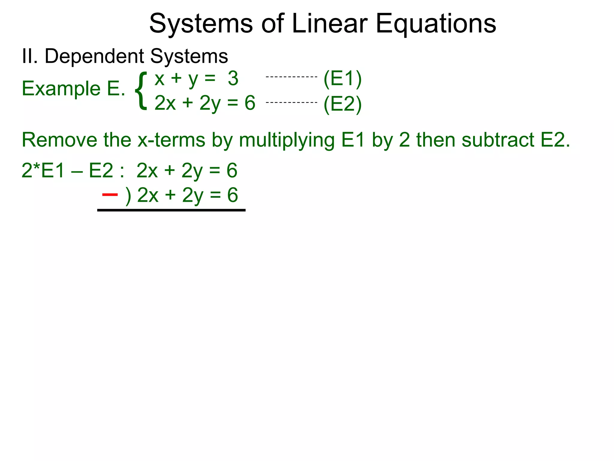 Systems of Linear Equations
II. Dependent Systems
            {
Example E. x + y = 3
              2x + 2y = 6
                                (E1)
                                (E2)
Remove the x-terms by multiplying E1 by 2 then subtract E2.
2*E1 – E2 : 2x + 2y = 6
           ) 2x + 2y = 6
 