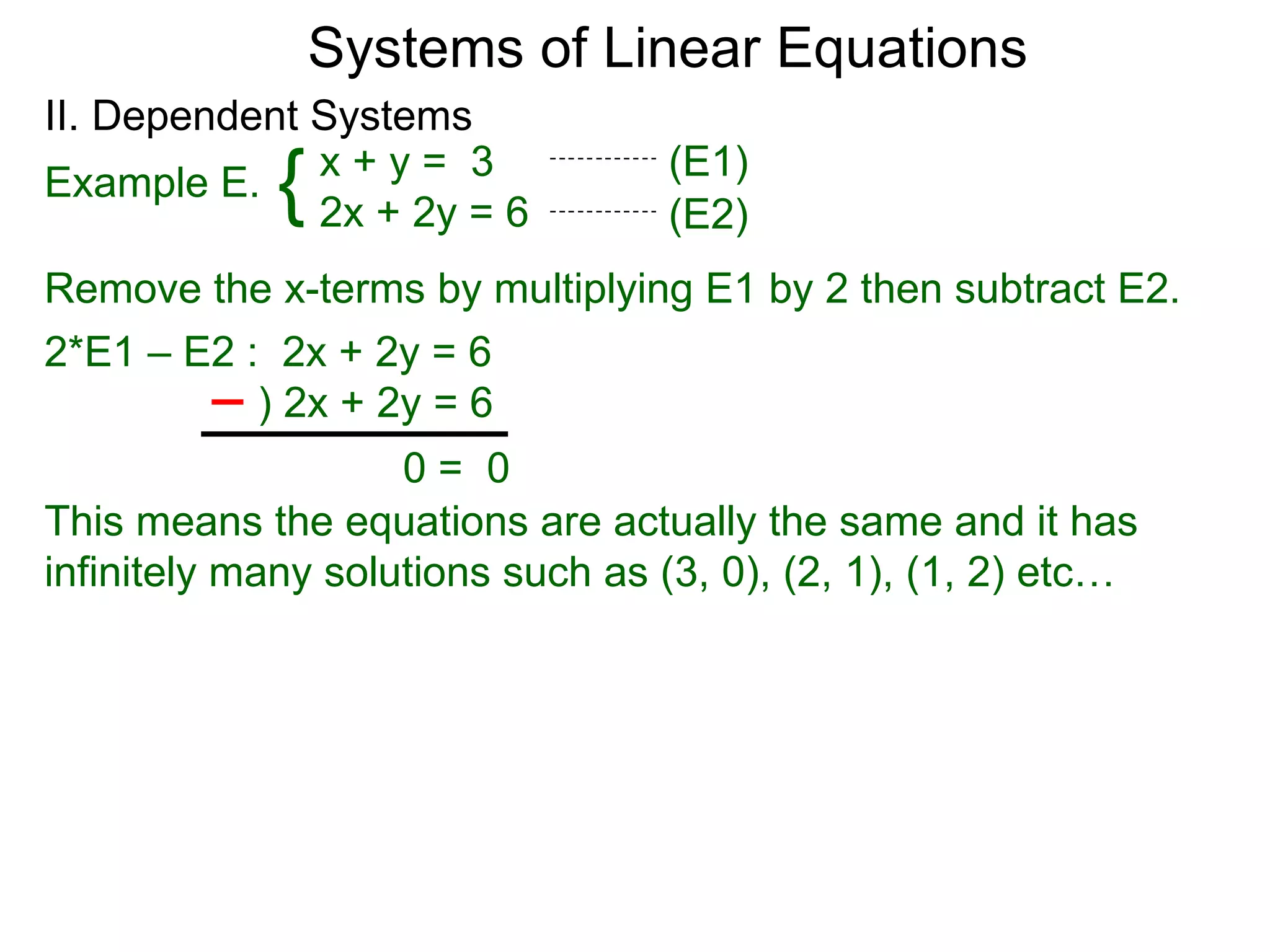 Systems of Linear Equations
II. Dependent Systems
            {
Example E. x + y = 3
              2x + 2y = 6
                                  (E1)
                                  (E2)
Remove the x-terms by multiplying E1 by 2 then subtract E2.
2*E1 – E2 : 2x + 2y = 6
           ) 2x + 2y = 6
                    0= 0
This means the equations are actually the same and it has
infinitely many solutions such as (3, 0), (2, 1), (1, 2) etc…
 