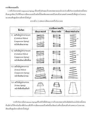 การเขียนแบบสปริง
1. สปริงรับแรงกด(Compression Spring) เป็นสปริงลักษณะม้วนของขดลวดและมีระยะห่างเพื่อรับแรงกดอัดปลายทั้งสอง
ข้างจะถูกเจียระไนให้เรียบการเขียนแบบสปริงชนิดนี้นิยมเขียนขดลวดสปริงสองถึงสามขดส่วนขดสปริงที่อยู่ระหว่างกลาง
จะแสดงเส้นศูนย์กลางเล็กเท่านั้นดังรูป
ตารางที่ 4.12 แสดงการเขียนแบบสปริงรับแรงกด
2.สปริงรับแรงดึง(Extension Spring)เป็นสปริงที่มีลักษณะการม้วนของขดลวดเรียงชิดติดกันและมีปลายทั้งสอง
ข้างมีห่วงไว้สาหรับเกี่ยวเพื่อรับแรงดึงได้การเขียนแบบสปริงชนิดนี้จะเขียนห่วงเกี่ยวทั้งสองข้างส่วนขดระหว่างกลางจะ
เขียนเส้นศูนย์กลางเล็กเท่านั้นดังรูป
 