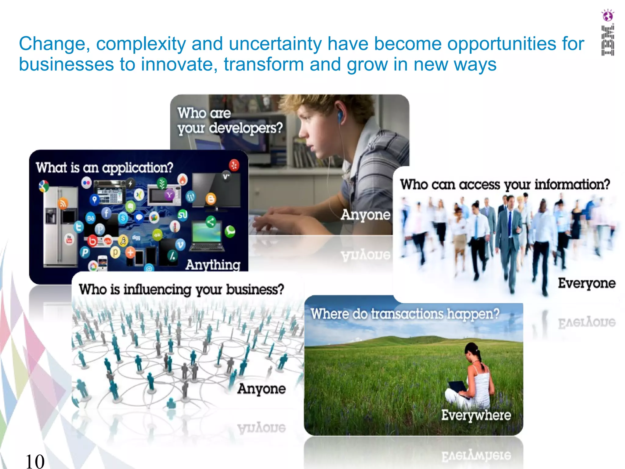 Change, complexity and uncertainty have become opportunities for
businesses to innovate, transform and grow in new ways




10
 