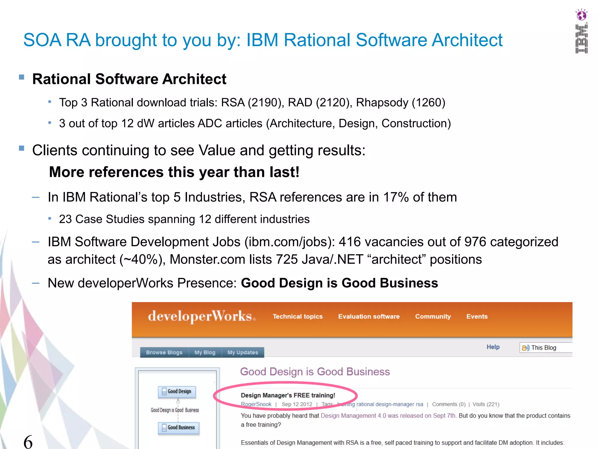 SOA RA brought to you by: IBM Rational Software Architect

 Rational Software Architect
    • Top 3 Rational download trials: RSA (2190), RAD (2120), Rhapsody (1260)
    • 3 out of top 12 dW articles ADC articles (Architecture, Design, Construction)

 Clients continuing to see Value and getting results:
    More references this year than last!
  – In IBM Rational’s top 5 Industries, RSA references are in 17% of them
    • 23 Case Studies spanning 12 different industries
  – IBM Software Development Jobs (ibm.com/jobs): 416 vacancies out of 976 categorized
    as architect (~40%), Monster.com lists 725 Java/.NET “architect” positions
  – New developerWorks Presence: Good Design is Good Business




6
 