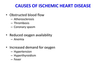 CAUSES OF ISCHEMIC HEART DISEASE
• Obstructed blood flow
– Atherosclerosis
– Thrombosis
– Coronary spasm
• Reduced oxygen availability
– Anemia
• Increased demand for oxygen
– Hypertension
– Hyperthyroidism
– Fever
 
