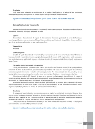 resultados
       Desde 2004 foram implantados e mantidos mais de 137 núcleos, beneficiando 7,5 mil atletas de base em diversas
modalidades esportivas e paraesportivas, em todas as regiões do Brasil, com R$ 18 milhões investidos.

       Veja em www.balancodegoverno.presidencia.gov.br, tabelas relativas aos resultados deste item.


       centros regionais de treinamento

        São espaços multiesportivos com instalações e equipamentos modernizados, pessoal de apoio para treinamento, de padrão
internacional, distribuídos nas regiões geográficas do Brasil.

       objetivo
        Descentralizar o desenvolvimento do esporte de alto rendimento, oferecendo oportunidade de acesso à infraestrutura
esportiva especializada, a recursos humanos e laboratoriais, necessários ao aperfeiçoamento das qualidades técnicas de atletas e
para-atletas previamente selecionados em suas regiões geográficas.

       Data de início
       16/12/2004

       Modelo de gestão
         O modelo de gestão dos centros de treinamento (CTs) regionais iniciou-se de forma compartilhada entre o Ministério do
Esporte e a Entidade executora/mantenedora do projeto. Com a expansão do número de CTs implantados, a gestão passou a ser
feita, predominantemente, pela Entidade executora, cabendo ao Ministério do Esporte a definição das diretrizes de funcionamento
desses Centros.

       por que foi criado, reformulado e/ou ampliado
       Em um país de dimensões continentais como o Brasil, era necessário descentralizar os espaços de aperfeiçoamento e
treinamento de atletas de alto rendimento, possibilitando-lhes a permanência onde nasceram e se criaram, perto de suas famílias,
mas com condições de treinamento – treinador, materiais e equipamentos. Para muitos atletas de alto nível, a mudança de suas
bases prejudica o seu rendimento esportivo e, muitas vezes, fazem com que abandonem o esporte na sua principal fase.
       Além disso, a criação de CTs Regionais faz parte de um processo interligado para o desenvolvimento do esporte de
competição nacional, que passa pela descoberta e desenvolvimento de atletas, daí para uma fase de aprimoramento e sustentação
de resultados até chegar ao apoio para o encerramento da carreira esportiva.
       No momento, está sendo criado um modelo de gestão que compartilhe as atividades dos CTs Regionais com demais
centros de treinamento de caráter local, estadual e com uma ou mais modalidades. A Rede Nacional de Treinamento tende a
ampliar os resultados e padronizar os modelos de centros de treinamento no Brasil.

       resultados
        De 2004 a 2010, foram implantados centros de treinamento nas regiões Sul, em Maringá, Paraná, e em Blumenau, Santa
Catarina, e Norte, em Manaus, Amazonas, que estão em pleno funcionamento. Na região Centro-Oeste, em Taguatinga, no Distrito
Federal, um centro funcionou de 2004 a 2009. Encontram-se em fase de construção os centros das regiões Nordeste, em Recife,
Pernambuco, e Sudeste, em Campinas, São Paulo, que está em avançada fase de desenvolvimento.
        Contou-se com mais de mil atendimentos a atletas por ano, sendo considerados os esportes correlatos a cada região, e
com investimentos na ordem de R$ 11,3 milhões no período.

       Veja em www.balancodegoverno.presidencia.gov.br, tabelas relativas aos resultados deste item.




                                                                                                                        Esporte    361
 