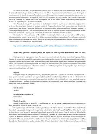 Ao analisar os Jogos Pan e Parapan-Americanos, observa-se que os benefícios não foram obtidos apenas durante as fases
de preparação e de realização dos Jogos. Muitos outros, mais difíceis de perceber se apresentam com o passar do tempo. É o
caso do aumento do fluxo de turistas, da formação de novos talentos esportivos, da experiência de combinar investimentos em
segurança com melhorias sociais e da projeção da cidade e do País como polos de grandes eventos. Com a experiência acumulada,
o Brasil se credenciou para realizar com sucesso, em 2014 e em 2016, os dois maiores eventos esportivos do planeta: a Copa do
Mundo e os Jogos Olímpicos e Paraolímpicos de Verão.
        Além destes dividendos, podem-se mencionar os resultados extraordinários no período que vai do início dos preparativos
ao término das competições. O estudo da Fundação Instituto de Pesquisas Econômicas (Fipe), encomendado pelo Ministério do
Esporte, mostra que, durante a preparação dos eventos, os investimentos feitos pelos governos federal, estadual e municipal e o
Comitê Organizador propiciaram a criação do equivalente a mais de 178 mil empregos diretos e indiretos pelo período de um ano,
muitos deles beneficiando a população das comunidades do entorno das instalações utilizadas nos Jogos.
        O estudo da Fipe indica, ademais, que os R$ 3,57 bilhões investidos pelos três níveis de governo e pelo Comitê Organizador
induziram a iniciativa privada a injetar outros R$ 6,71 bilhões nas cadeias produtivas relacionadas ao Pan e ao Parapan, provocando
impacto total na economia de R$ 10,28 bilhões. A geração de emprego e de renda movimentou diversos setores econômicos e
colaborou para o crescimento do País nos últimos anos.

        Veja em www.balancodegoverno.presidencia.gov.br, tabelas relativas aos resultados deste item.


        Ações para garantir a segurança dos XV Jogos pan e III Jogos parapan-Americanos rio 2007

        O planejamento da segurança dos Jogos Pan-Americanos, coordenado pela Secretaria Nacional de Segurança Pública
(Senasp), do Ministério da Justiça (MJ), procurou integrar as instituições dos três níveis de administração e equilibrar prevenção e
repressão, trazendo conceitos novos como: menos letalidade, polícia não fortemente armada dentro das instalações e policiamento
intenso, com visibilidade, mas sem agressividade. Para integrar as diferentes instituições, que até então pouco travavam contato
entre si, e os três níveis de governo, a Secretaria concebeu um comitê de planejamento da segurança dos Jogos, formado por
representantes indicados por cada órgão.

        objetivo
        O programa integral de ações para a segurança dos Jogos Pan-Americanos – com foco no conceito de segurança cidadã –
visou garantir resultados sustentáveis para a prevenção da violência e melhoria da qualidade de vida na cidade do Rio de
Janeiro com prioridade ao enfrentamento de fatores associados à violência e à criminalidade, tais como: a exclusão social, as
relações interpessoais e familiares desestruturadas, as condições de vulnerabilidade como pobreza, abandono, vitimização e as
inadequadas condições ambientais urbanas.

        Data de início
        13/7/2007

        participação e controle social
        Não se aplica.

        Modelo de gestão
        Reunido sob a orientação da Senasp/MJ, o comitê formado para tal ação realizou o planejamento macro da segurança dos
Jogos, em reuniões periódicas, desde o início de 2006.
        Os seguintes órgãos estiveram sob a coordenação da Senasp e da Agência Brasileira de Inteligência (Abin) nos Centros de
Operação de Segurança e de Inteligência dos Jogos: Polícia Federal, Polícia Rodoviária Federal, Polícia Militar, Polícia Civil do estado
do Rio de Janeiro, Força Nacional de Segurança Pública, Guarda Municipal do Rio de Janeiro, Corpo de Bombeiros, Defesa Civil do
Rio de Janeiro, Secretaria Municipal de Transportes/ Companhia de Engenharia de Tráfego do Rio de Janeiro (CET-Rio), Comissões
Especiais de Antibomba, Conportos, Aeropolicial e Cães Farejadores, Marinha, Exército, Aeronáutica, Secretaria do Comitê de
Gestão Federal Rio 2007, Empresa Brasileira de Infraestrutura Aeroportuária (Infraero), Ministério das Relações Exteriores (MRE),
Banco Central (Bacen), Ministério das Comunicações (MC), Delegacia Regional do Trabalho do Rio de Janeiro, Superintendência



                                                                                                                                Esporte    373
 