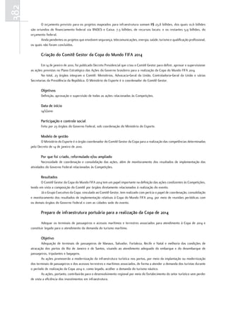 382
             O orçamento previsto para os projetos mapeados para infraestrutura somam R$ 23,8 bilhões, dos quais 10,6 bilhões
      são oriundos de financiamento federal via BNDES e Caixa; 7,3 bilhões, de recursos locais; e os restantes 5,9 bilhões, do
      orçamento federal.
             Ainda pendentes os projetos que envolvem segurança, telecomunicações, energia, saúde, turismo e qualificação profissional,
      os quais não foram concluídos.

             criação do comitê gestor da copa do Mundo fIfA 2014

             Em 14 de janeiro de 2010, foi publicado Decreto Presidencial que criou o Comitê Gestor para definir, aprovar e supervisionar
      as ações previstas no Plano Estratégico das Ações do Governo brasileiro para a realização da Copa do Mundo FIFA 2014.
             No total, 23 órgãos integram o Comitê: Ministérios, Advocacia-Geral da União, Controladoria-Geral da União e várias
      Secretarias da Presidência da República. O Ministério do Esporte é o coordenador do Comitê Gestor.

             objetivos
             Definição, aprovação e supervisão de todas as ações relacionadas às Competições.

             Data de início
             14/1/2010

             participação e controle social
             Feita por 23 órgãos do Governo Federal, sob coordenação do Ministério do Esporte.

             Modelo de gestão
             O Ministério do Esporte é o órgão coordenador do Comitê Gestor da Copa para a realização das competências determinadas
      pelo Decreto de 14 de janeiro de 2010.

             por que foi criado, reformulado e/ou ampliado
              Necessidade de coordenação e consolidação das ações, além de monitoramento dos resultados de implementação das
      atividades do Governo Federal relacionadas às Competições.

             resultados
             O Comitê Gestor da Copa do Mundo FIFA 2014 tem um papel importante na definição das ações condizentes às Competições,
      tendo em vista a composição do Comitê por órgãos diretamente relacionados à realização do evento.
             Já o Grupo Executivo da Copa, vinculado ao Comitê Gestor, tem realizado com perícia o papel de coordenação, consolidação
      e monitoramento dos resultados de implementação relativas à Copa do Mundo FIFA 2014, por meio de reuniões periódicas com
      os demais órgãos do Governo Federal e com as cidades sede do evento.

             preparo de infraestrutura portuária para a realização da copa de 2014

              Adequar os terminais de passageiros e acessos marítimos e terrestres associados para atendimento à Copa de 2014 e
      constituir legado para o atendimento da demanda do turismo marítimo.

             objetivo
              Adequação de terminais de passageiros de Manaus, Salvador, Fortaleza, Recife e Natal e melhoria das condições de
      atracação dos portos do Rio de Janeiro e de Santos, visando ao atendimento adequado do embarque e do desembarque de
      passageiros, tripulantes e bagagens.
              As ações promoverão a modernização da infraestrutura turística nos portos, por meio da implantação ou modernização
      dos terminais de passageiros e dos acessos terrestres e marítimos associados, de forma a atender a demanda dos turistas durante
      o período de realização da Copa 2014 e, como legado, acolher a demanda do turismo náutico.
              As ações, portanto, contribuirão para o desenvolvimento regional por meio do fortalecimento do setor turístico sem perder
      de vista a eficiência dos investimentos em infraestrutura.
 