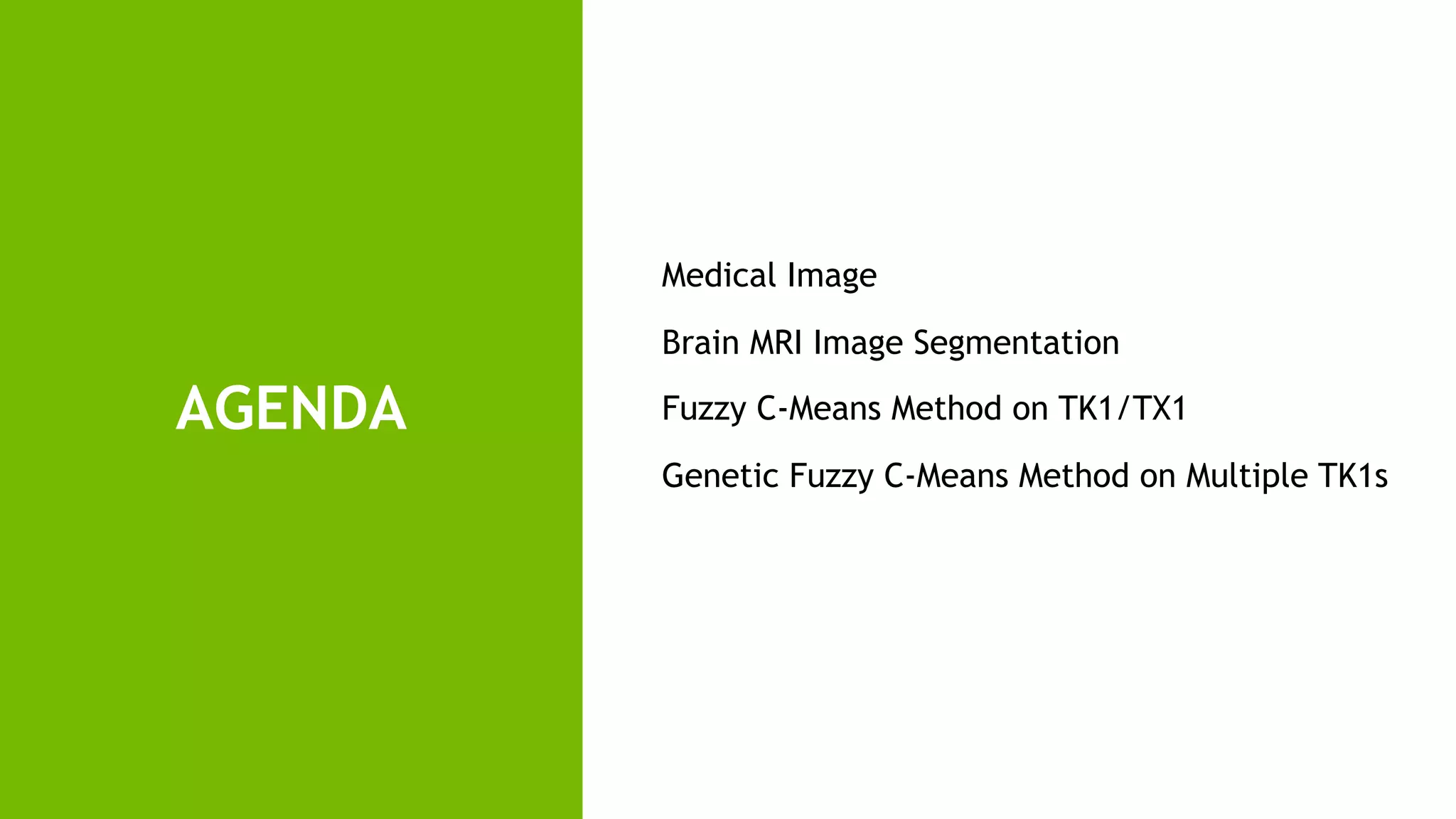 2
AGENDA
Medical Image
Brain MRI Image Segmentation
Fuzzy C-Means Method on TK1/TX1
Genetic Fuzzy C-Means Method on Multiple TK1s
 