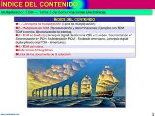 ÍNDICE DEL CONTENIDO
2www.coimbraweb.com
TDM Multiplexación por división de tiempo ― Tema 4 de Telecomunicaciones
ÍNDICE D...