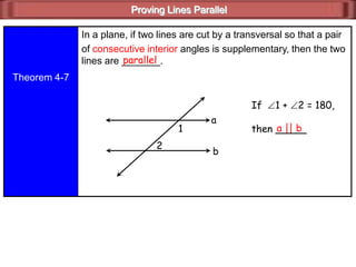 Proving Lines Parallel
Theorem 4-7
In a plane, if two lines are cut by a transversal so that a pair
of consecutive interior angles is supplementary, then the two
lines are _______.parallel
If 1 + 2 = 180,
then _____a || b1
2
a
b
 