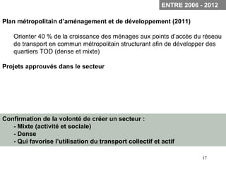 ENTRE 2006 - 2012

Plan métropolitain d’aménagement et de développement (2011)

    Orienter 40 % de la croissance des ménages aux points d’accès du réseau
    de transport en commun métropolitain structurant afin de développer des
    quartiers TOD (dense et mixte)

Projets approuvés dans le secteur




Confirmation de la volonté de créer un secteur :
   - Mixte (activité et sociale)
   - Dense
   - Qui favorise l’utilisation du transport collectif et actif

                                                                      17
 