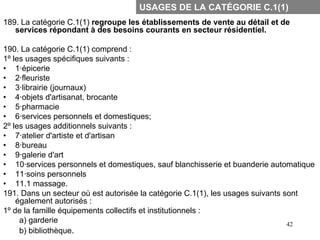 USAGES DE LA CATÉGORIE C.1(1)
189. La catégorie C.1(1) regroupe les établissements de vente au détail et de
   services répondant à des besoins courants en secteur résidentiel.

190. La catégorie C.1(1) comprend :
1º les usages spécifiques suivants :
• 1·épicerie
• 2·fleuriste
• 3·librairie (journaux)
• 4·objets d'artisanat, brocante
• 5·pharmacie
• 6·services personnels et domestiques;
2º les usages additionnels suivants :
• 7·atelier d'artiste et d'artisan
• 8·bureau
• 9·galerie d'art
• 10·services personnels et domestiques, sauf blanchisserie et buanderie automatique
• 11·soins personnels
• 11.1 massage.
191. Dans un secteur où est autorisée la catégorie C.1(1), les usages suivants sont
    également autorisés :
1º de la famille équipements collectifs et institutionnels :
     a) garderie                                                                42
     b) bibliothèque.
 