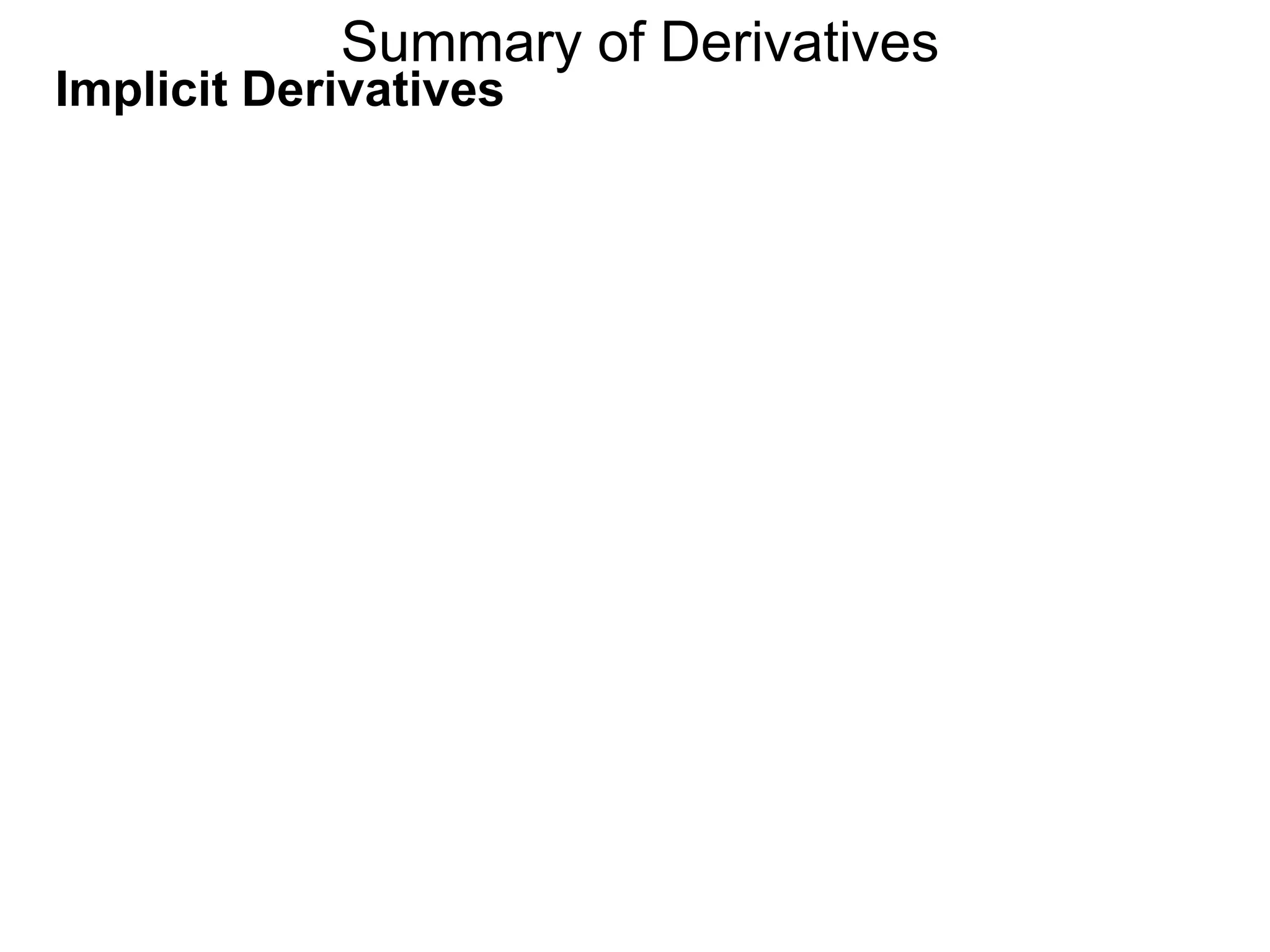 Summary of Derivatives
Implicit Derivatives
 