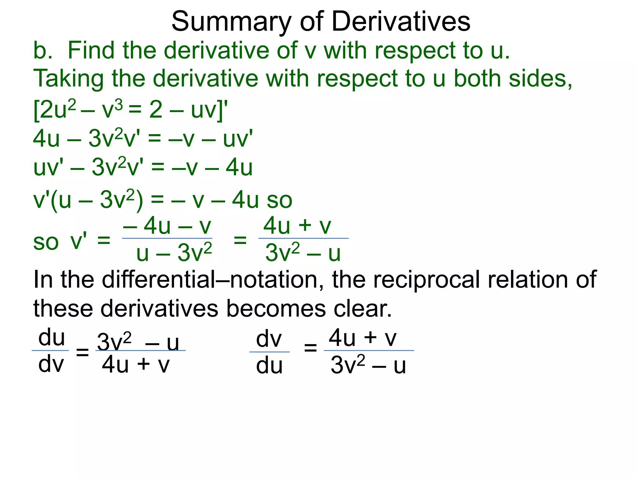 Summary of Derivatives
b. Find the derivative of v with respect to u.
Taking the derivative with respect to u both sides,
[2u2 – v3 = 2 – uv]'
4u – 3v2v' = –v – uv'
uv' – 3v2v' = –v – 4u
v'(u – 3v2) = – v – 4u so
         – 4u – v      4u + v
so v' = u – 3v2 = 3v2 – u
In the differential–notation, the reciprocal relation of
these derivatives becomes clear.
 du 3v2 – u           dv = 4u + v
 dv = 4u + v          du      3v2 – u
 