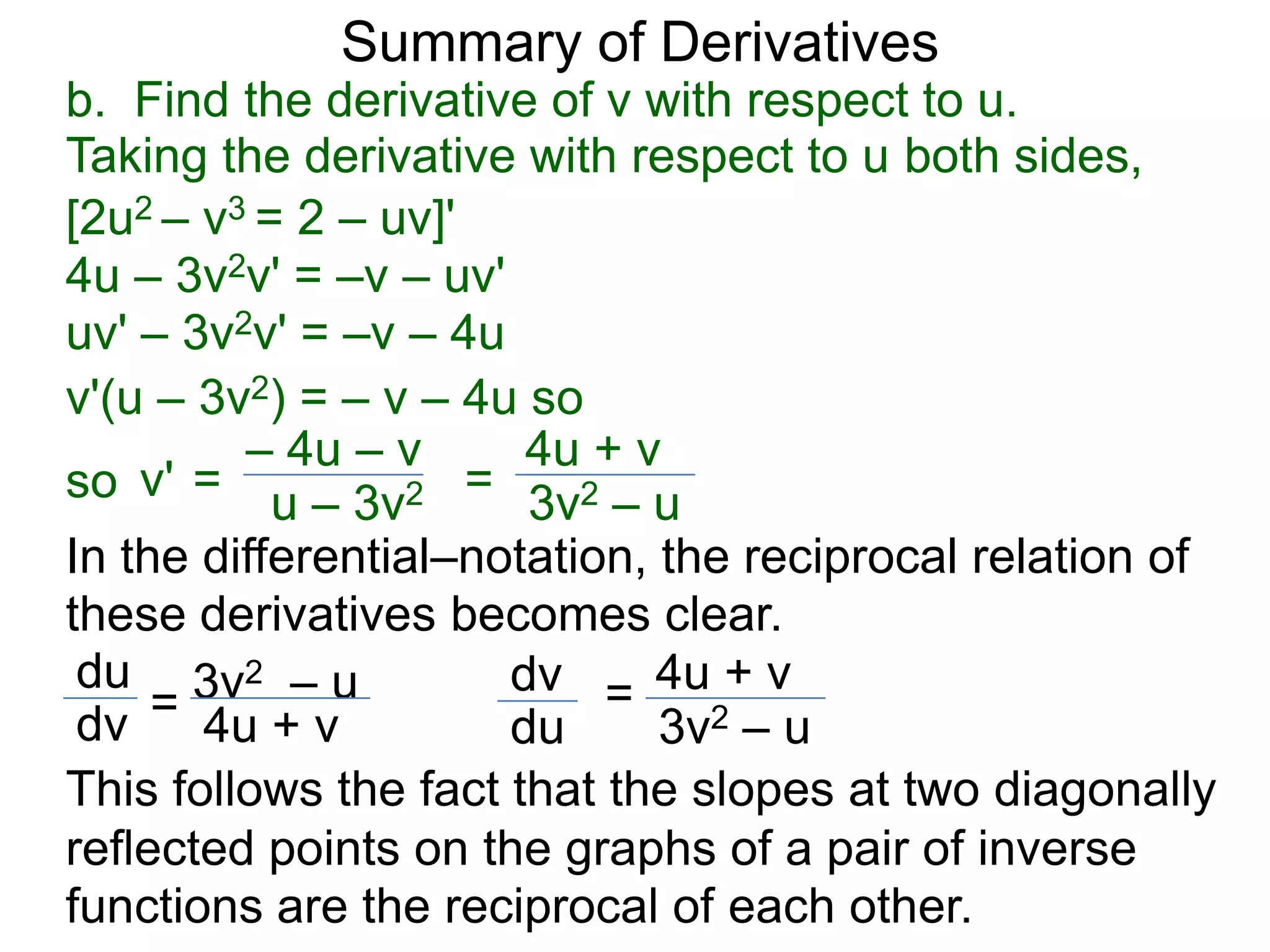 Summary of Derivatives
b. Find the derivative of v with respect to u.
Taking the derivative with respect to u both sides,
[2u2 – v3 = 2 – uv]'
4u – 3v2v' = –v – uv'
uv' – 3v2v' = –v – 4u
v'(u – 3v2) = – v – 4u so
         – 4u – v      4u + v
so v' = u – 3v2 = 3v2 – u
In the differential–notation, the reciprocal relation of
these derivatives becomes clear.
 du 3v2 – u           dv = 4u + v
 dv = 4u + v          du      3v2 – u
This follows the fact that the slopes at two diagonally
reflected points on the graphs of a pair of inverse
functions are the reciprocal of each other.
 