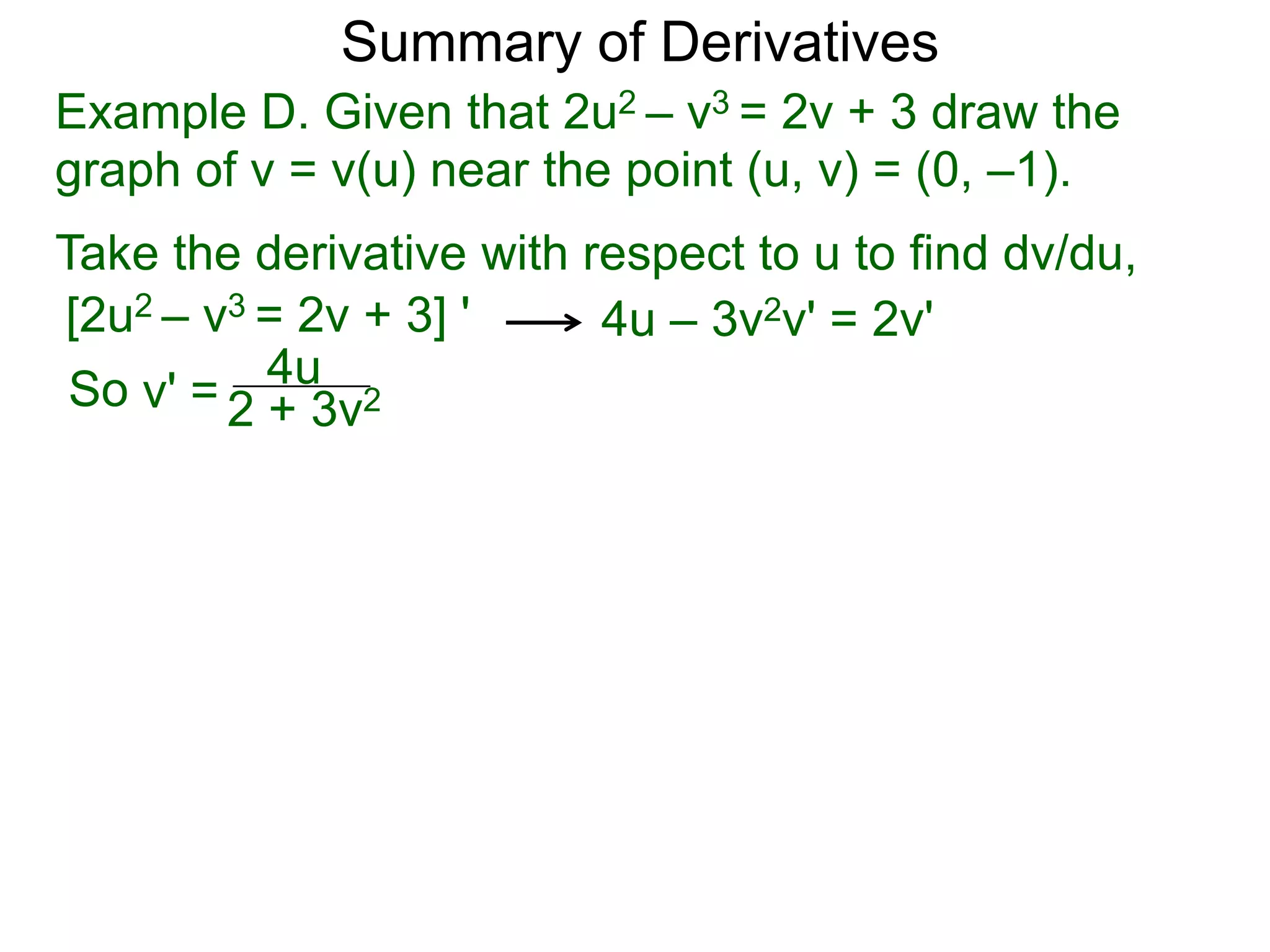 Summary of Derivatives
Example D. Given that 2u2 – v3 = 2v + 3 draw the
graph of v = v(u) near the point (u, v) = (0, –1).
Take the derivative with respect to u to find dv/du,
[2u2 – v3 = 2v + 3] '     4u – 3v2v' = 2v'
 So v' = 2 4u 2
           + 3v
 