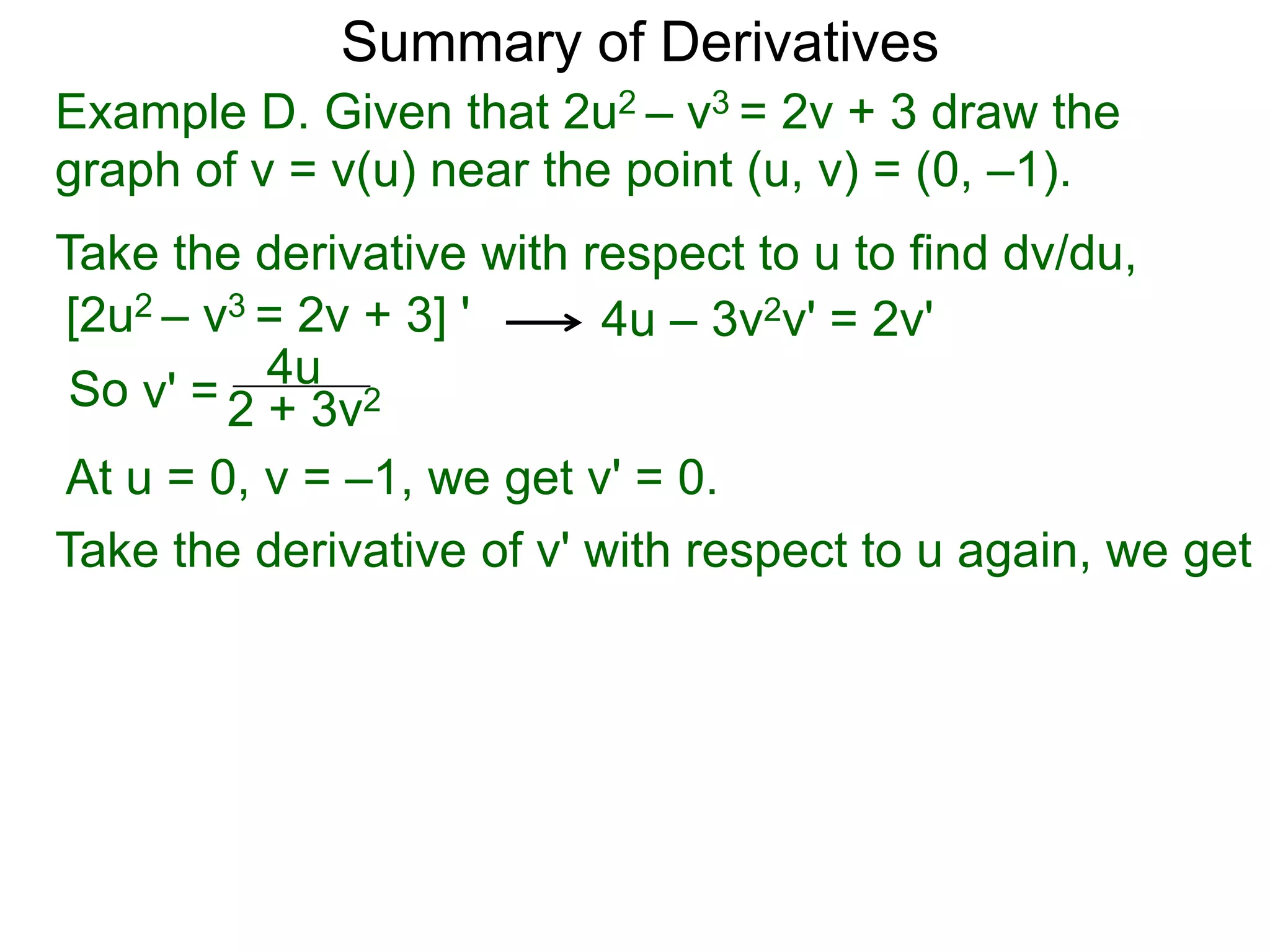 Summary of Derivatives
Example D. Given that 2u2 – v3 = 2v + 3 draw the
graph of v = v(u) near the point (u, v) = (0, –1).
Take the derivative with respect to u to find dv/du,
[2u2 – v3 = 2v + 3] '     4u – 3v2v' = 2v'
 So v' = 2 4u 2
           + 3v
At u = 0, v = –1, we get v' = 0.
Take the derivative of v' with respect to u again, we get
 