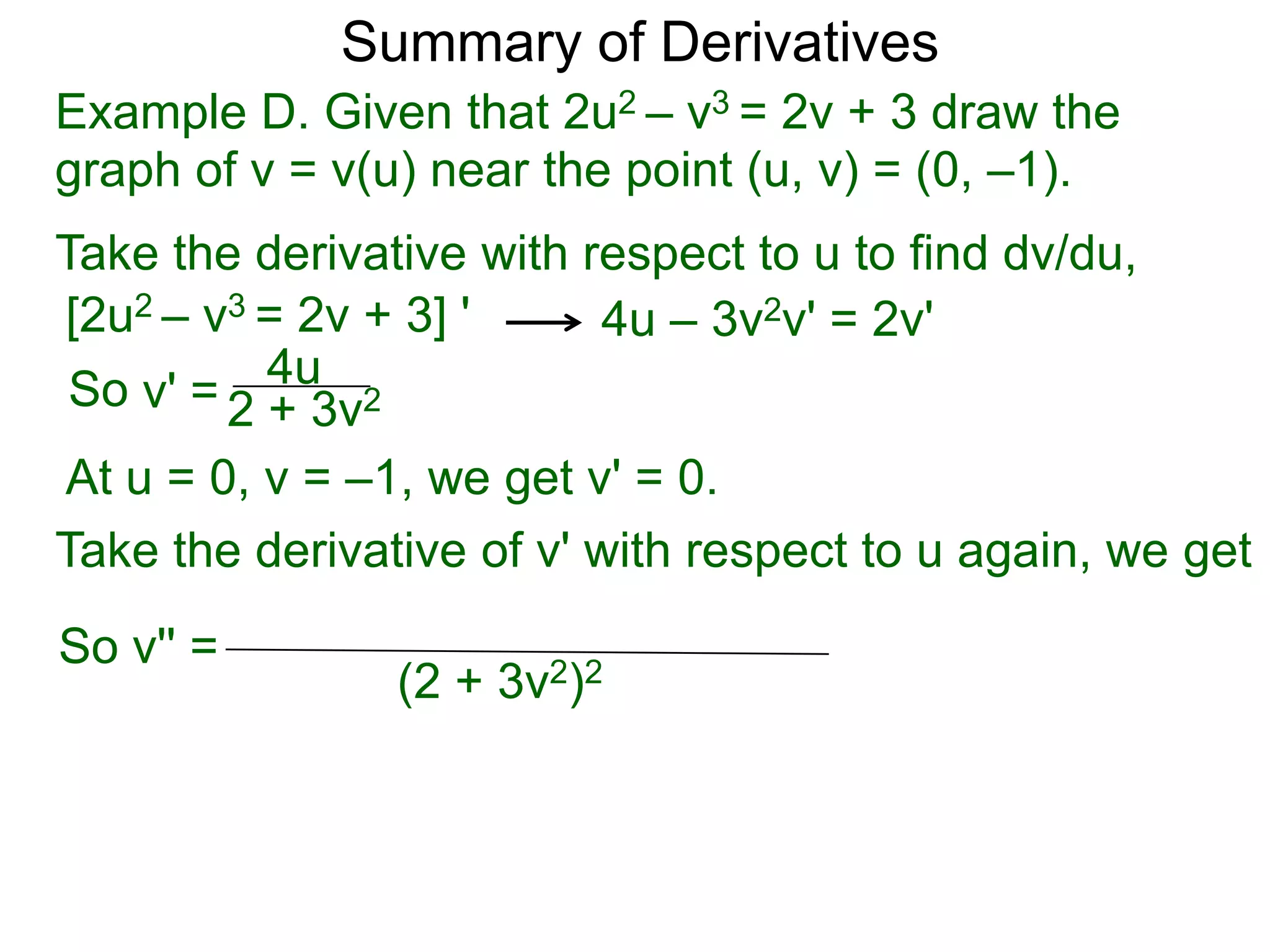 Summary of Derivatives
Example D. Given that 2u2 – v3 = 2v + 3 draw the
graph of v = v(u) near the point (u, v) = (0, –1).
Take the derivative with respect to u to find dv/du,
[2u2 – v3 = 2v + 3] '     4u – 3v2v' = 2v'
 So v' = 2 4u 2
           + 3v
At u = 0, v = –1, we get v' = 0.
Take the derivative of v' with respect to u again, we get
So v'' =
                (2 + 3v2)2
 