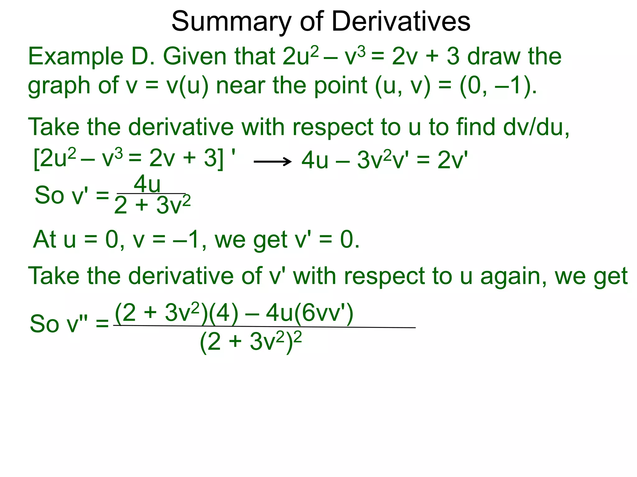 Summary of Derivatives
Example D. Given that 2u2 – v3 = 2v + 3 draw the
graph of v = v(u) near the point (u, v) = (0, –1).
Take the derivative with respect to u to find dv/du,
[2u2 – v3 = 2v + 3] '      4u – 3v2v' = 2v'
 So v' = 2 4u 2
           + 3v
At u = 0, v = –1, we get v' = 0.
Take the derivative of v' with respect to u again, we get
So v'' = (2 + 3v2)(4) – 4u(6vv')
                 (2 + 3v2)2
 