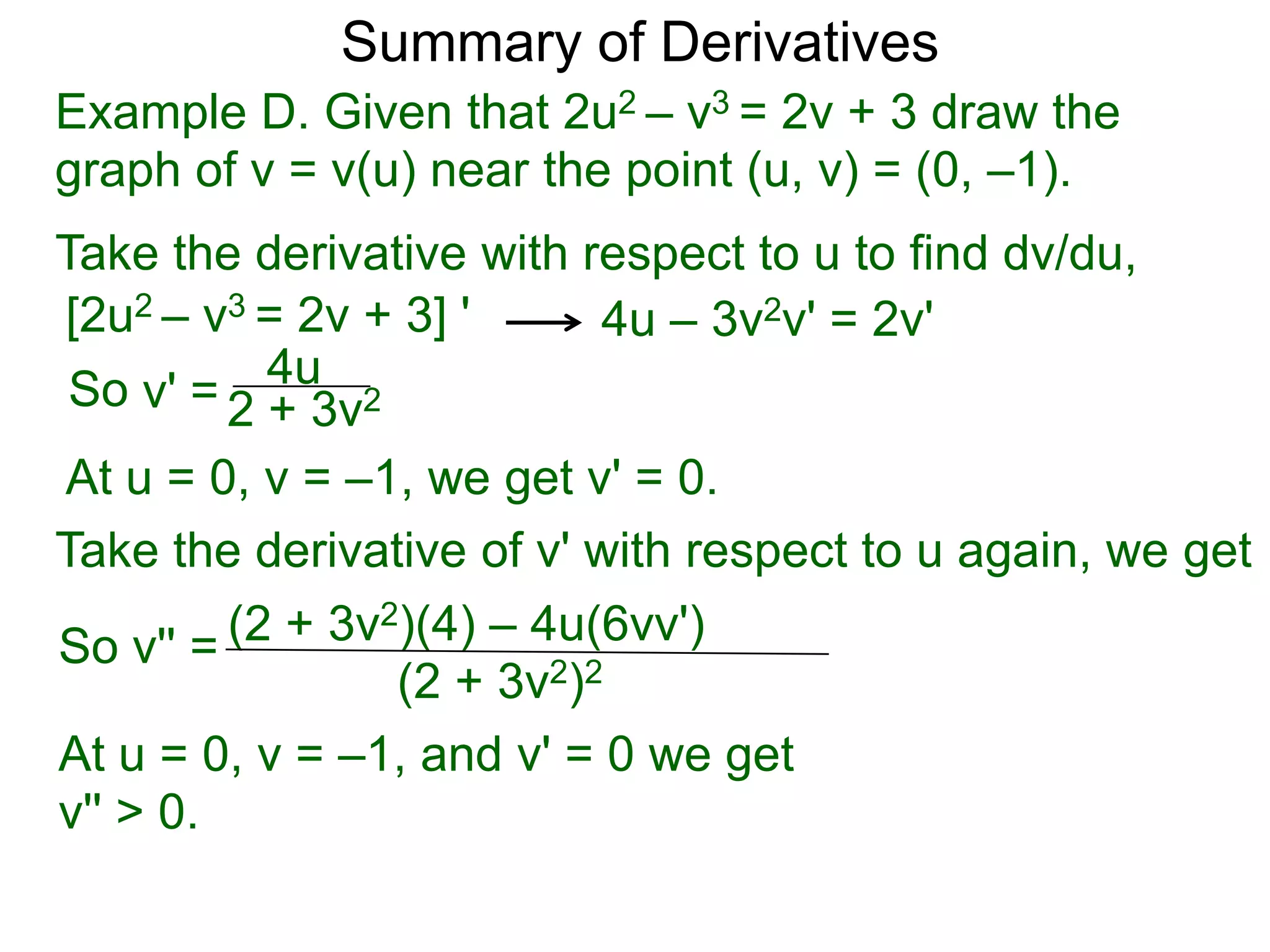Summary of Derivatives
Example D. Given that 2u2 – v3 = 2v + 3 draw the
graph of v = v(u) near the point (u, v) = (0, –1).
Take the derivative with respect to u to find dv/du,
[2u2 – v3 = 2v + 3] '      4u – 3v2v' = 2v'
 So v' = 2 4u 2
           + 3v
At u = 0, v = –1, we get v' = 0.
Take the derivative of v' with respect to u again, we get
So v'' = (2 + 3v2)(4) – 4u(6vv')
                 (2 + 3v2)2
At u = 0, v = –1, and v' = 0 we get
v'' > 0.
 