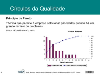Círculos da Qualidade Princípio de Pareto Técnica que permite à empresa selecionar prioridades quando há um grande número de problemas  Vide p. 140 (MAXIMIANO, 2007) 