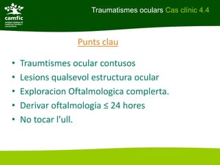 Traumatismes oculars Cas clínic 4.4



                 Punts clau

•   Traumtismes ocular contusos
•   Lesions qualsevol estructura ocular
•   Exploracion Oftalmologica complerta.
•   Derivar oftalmologia ≤ 24 hores
•   No tocar l’ull.
 