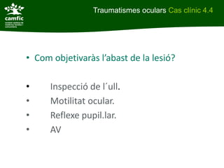 Traumatismes oculars Cas clínic 4.4




• Com objetivaràs l’abast de la lesió?

•     Inspecció de l´ull.
•     Motilitat ocular.
•     Reflexe pupil.lar.
•     AV
 