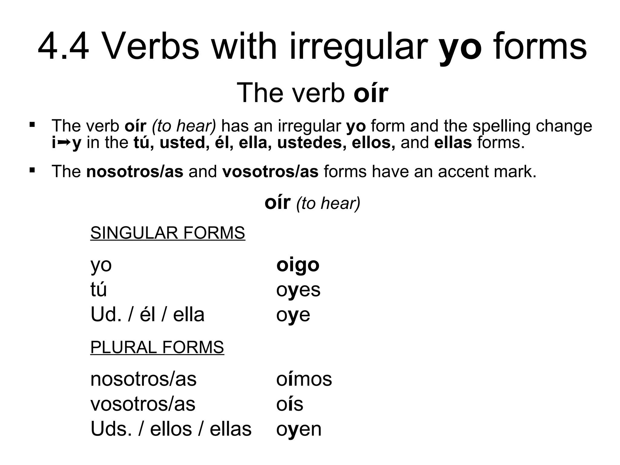 4.4 Verbs with irregular yo forms
                          The verb oír
 The verb oír (to hear) has an irregular yo form and the spelling change
  i➞y in the tú, usted, él, ella, ustedes, ellos, and ellas forms.
 The nosotros/as and vosotros/as forms have an accent mark.
                               oír (to hear)
        SINGULAR FORMS
        yo                      oigo
        tú                      oyes
        Ud. / él / ella         oye
        PLURAL FORMS
        nosotros/as             oímos
        vosotros/as             oís
        Uds. / ellos / ellas    oyen
 