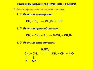 КЛАССИФИКАЦИЯ ОРГАНИЧЕСКИХ РЕАКЦИЙ

1. Классификация по результатам:
  1. 1. Реакции замещения:

        CH4 + Br2 → CH3Br + HBr

  1. 2. Реакции присоединения:

        CH2 = CH2 + Br2 → BrCH2 – CH2Br

  1. 3. Реакции отщепления:

                   H2SO4
       CH2 – CH2           CH2 = CH2 + H2O
       |     |
       H    OH
 