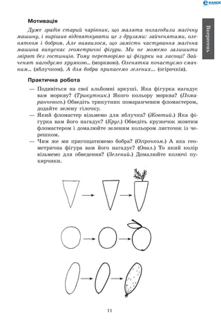 11
Вкересень
Мотивація
Дуже зрадів старий чарівник, що малята полагодили магічну
машину, і вирішив відсвяткувати це з друзями: зайченятами, оле­
нятком і бобром. Але виявилося, що замість частування магічна
машина випускає геометричні фігури. Ми не можемо залишити
звірят без гостинців. Тому перетворімо ці фігурки на ласощі! Зай­
ченят нагодуємо хрумкою... (морквою). Оленятка почастуємо смач­
ним... (яблучком). А для бобра припасемо зелених... (огірочків).
Практична робота
—	 Подивіться на свої альбомні аркуші. Яка фігурка нагадує
вам моркву? (Трикутник.) Якого кольору морква? (Пома­
ранчевого.) Обведіть трикутник помаранчевим фломастером,
додайте зелену гілочку.
—	 Який фломастер візьмемо для яблучка? (Жовтий.) Яка фі-
гурка вам його нагадує? (Круг.) Обведіть кружечок жовтим
фломастером і домалюйте зеленим кольором листочок із че-
решком.
—	 Чим же ми пригощатимемо бобра? (Огірочком.) А  яка гео-
метрична фігура вам його нагадує? (Овал.) То який колір
візьмемо для обведення? (Зелений.) Домалюйте колючі пу-
хирчики.
 