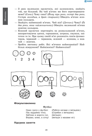 20
Жовтень
— 	З двох маленьких кружечків, які залишилися, знайдіть
той, що більший. На чий м’ячик ми його перетворювати-
мемо? (Сина.) Чому сина? (Йому три роки, сестрі два роки.
Сестра молодша, а брат старший.) Обведіть м’ячик зеле-
ним кольором.
— 	Знайдіть найменший м’ячик. Чий він? (Доччин.) Чому? (Їй
два роки, вона найменшенька.) Обведіть маленький м’ячик
жовтим кольором.
— 	Кожний кружечок перетворіть на розмальований м’ячик,
використовуючи цятки, горошинки, штрихи, смужки, кві-
точки та ін. При цьому синій м’яч розпишіть синім фломас-
тером, червоний — червоним, зелений — зеленим, а жов-
тий — жовтим.
— 	Зробіть виставку робіт. Які м’ячики найяскравіші? Най-
більш візерункові? Найніжніші? Найвеселіші?
1 2 3 4
1
2 3 4
Фізкультхвилинка
Футбол
Нумо грати у футбол: 	 (Робота ногами з імітацією.)
Пас віддаймо чітко, 	 (Стрибки з імітацією.)
Заб’ємо в ворота гол, 	 (Імітація.)
Вправо, вліво, в сітку! 	 (Імітація з махами ніг.)
Підсумок заняття
 