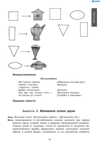 29
Листопад
Фізкультхвилинка
Посудомийки
Ми помили тарілки, 	 (Обертання кистями рук.)
Чайник і каструлі. 	 (Імітація.)
І виделки, і ложки
Добре сполоснули: 	 (Імітація.)
Раз, два, три, чотири, п’ять — 	 (Загинання пальців.)
На місцях усі стоять! 	 (Стрибки з плесками.)
Підсумок заняття
Заняття 3. Малювання осінніх дерев
Тема. Кольори осені. Колективна робота. «Долоньчин ліс».
Мета: розширювати й поглиблювати знання малюків про дерева
рідного краю, сезонні зміни в природі; продовжувати ознайом-
лювати дітей із гуашшю; учити їх правильно й акуратно ви-
користовувати фарби; формувати вміння знаходити художні
образи в різній формі, створювати їх за допомогою відбитка
 