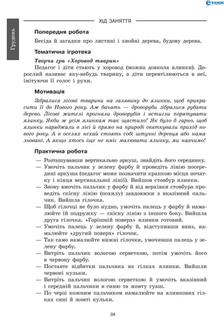38
Грудень
ХІД ЗАНЯТТЯ
Попередня робота
Бесіда й загадки про листяні і хвойні дерева, будову дерева.
Тематична ігротека
Творча гра «Хоровод тварин»
Педагог і діти стають у хоровод (можна довкола ялинки). До-
рослий називає яку-небудь тварину, а діти перевтілюються в неї,
імітуючи її голос і рухи.
Мотивація
Зібралися лісові тварини на галявину до ялинки, щоб прикра­
сити її до Нового року. Аж бачать — дроворуби зібралися рубати
дерево. Лісові жителі прогнали дроворубів і встигли порятувати
ялинку. Якби ж усім ялинкам так щастило! Як було б гарно, щоб
ялинки наряджали в лісі й прямо на природі святкували прихід но­
вого року. А в оселях нехай стоять собі штучні деревця або нама­
льовані. А якщо хтось іще не вміє малювати ялинку, ми навчимо!
Практична робота
— 	Розташувавши вертикально аркуш, знайдіть його серединку.
— 	Умочіть пальчик у зелену фарбу й проведіть лінію посере­
дині аркуша (педагог може позначити крапкою місця почат-
ку і кінця вертикальної лінії). Вийшов стовбур ялинки.
— 	Знову вмочіть пальчик у фарбу й від верхівки стовбура про-
ведіть скісну лінію (похилу) завдовжки з вказівний паль-
чик. Вийшла гілочка.
— 	Щоб гілочці не було нудно, умочіть палець у фарбу й нама-
люйте їй подружку — скісну лінію з іншого боку. Вийшла
друга гілочка. «Горішній поверх» ялинки готовий.
— 	Умочіть палець у зелену фарбу й, відступивши вниз, на-
малюйте «другий поверх» гілочок.
— 	Так само намалюйте нижні гілочки, умочивши палець у зе-
лену фарбу.
— 	Витріть пальчик вологою серветкою, потім умочіть його
в червону фарбу.
— 	Поставте відбитки пальчика на гілках ялинки. Вийшли
червоні кульки.
— 	Витріть пальчик вологою серветкою й умочіть вказівний
і середній пальчики в синю та жовту гуаш.
— 	По черзі кожним пальчиком намалюйте на ялинкових гіл-
ках сині й жовті кульки.
 