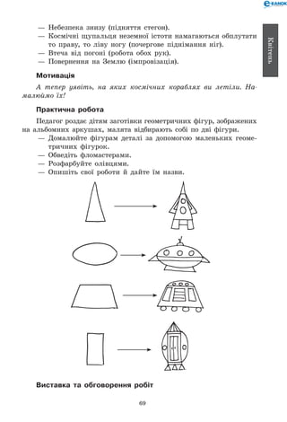 69
Квітень
— 	Небезпека знизу (підняття стегон).
— 	Космічні щупальця неземної істоти намагаються обплутати
то праву, то ліву ногу (почергове піднімання ніг).
— 	Втеча від погоні (робота обох рук).
— 	Повернення на Землю (імпровізація).
Мотивація
А тепер уявіть, на яких космічних кораблях ви летіли. На­
малюймо їх!
Практична робота
Педагог роздає дітям заготівки геометричних фігур, зображених
на альбомних аркушах, малята відбирають собі по дві фігури.
— 	Домалюйте фігурам деталі за допомогою маленьких геоме-
тричних фігурок.
— 	Обведіть фломастерами.
— 	Розфарбуйте олівцями.
— 	Опишіть свої роботи й дайте їм назви.
Виставка та обговорення робіт
 