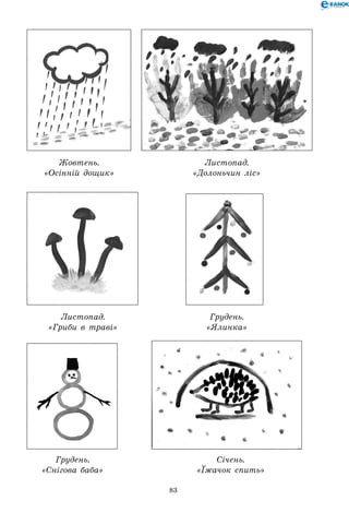 83
Жовтень.
«Осінній дощик»
Листопад.
«Гриби в траві»
Грудень.
«Снігова баба»
Січень.
«Їжачок спить»
Листопад.
«Долоньчин ліс»
Грудень.
«Ялинка»
 