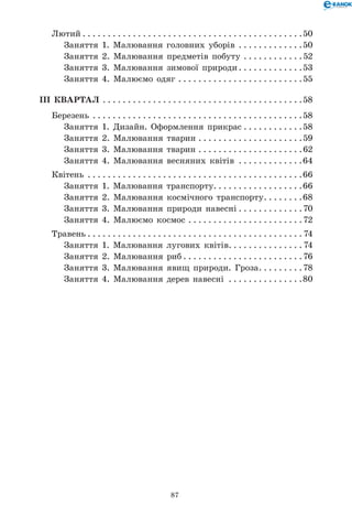 87
Лютий. . . . . . . . . . . . . . . . . . . . . . . . . . . . . . . . . . . . . . . . . . . . 50
Заняття 1. Малювання головних уборів . . . . . . . . . . . . . 50
Заняття 2. Малювання предметів побуту . . . . . . . . . . . . 52
Заняття 3. Малювання зимової природи. . . . . . . . . . . . . 53
Заняття 4. Малюємо одяг. . . . . . . . . . . . . . . . . . . . . . . . . 55
ІІІ КВАРТАЛ . . . . . . . . . . . . . . . . . . . . . . . . . . . . . . . . . . . . . . . . 58
Березень . . . . . . . . . . . . . . . . . . . . . . . . . . . . . . . . . . . . . . . . . . 58
Заняття 1. Дизайн. Оформлення прикрас. . . . . . . . . . . . 58
Заняття 2. Малювання тварин. . . . . . . . . . . . . . . . . . . . . 59
Заняття 3. Малювання тварин. . . . . . . . . . . . . . . . . . . . . 62
Заняття 4. Малювання весняних квітів . . . . . . . . . . . . . 64
Квітень . . . . . . . . . . . . . . . . . . . . . . . . . . . . . . . . . . . . . . . . . . . 66
Заняття 1. Малювання транспорту. . . . . . . . . . . . . . . . . .66
Заняття 2. Малювання космічного транспорту. . . . . . . . 68
Заняття 3. Малювання природи навесні. . . . . . . . . . . . . 70
Заняття 4. Малюємо космос. . . . . . . . . . . . . . . . . . . . . . . 72
Травень. . . . . . . . . . . . . . . . . . . . . . . . . . . . . . . . . . . . . . . . . . .  74
Заняття 1. Малювання лугових квітів. . . . . . . . . . . . . . .  74
Заняття 2. Малювання риб. . . . . . . . . . . . . . . . . . . . . . . . 76
Заняття 3. Малювання явищ природи. Гроза. . . . . . . . . 78
Заняття 4. Малювання дерев навесні . . . . . . . . . . . . . . . 80
 