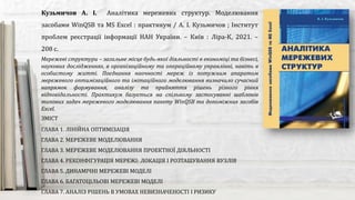 Мережеві структури – загальне місце будь-якої діяльності в економіці та бізнесі,
наукових дослідженнях, в організаційному та операційному управлінні, навіть в
особистому житті. Поєднання наочності мереж із потужним апаратом
мережевого оптимізаційного та імітаційного моделювання визначило сучасний
напрямок формування, аналізу та прийняття рішень різного рівня
відповідальності. Практикум базується на спільному застосуванні шаблонів
типових задач мережевого моделювання пакету WinQSB та допоміжних засобів
Excel.
Кузьмичов А. І. Аналітика мережевих структур. Моделювання
засобами WinQSB та MS Excel : практикум / А. І. Кузьмичов ; Інститут
проблем реєстрації інформації НАН України. – Київ : Ліра-К, 2021. –
208 с.
ЗМІСТ
ГЛАВА 1. ЛІНІЙНА ОПТИМІЗАЦІЯ
ГЛАВА 2. МЕРЕЖЕВЕ МОДЕЛЮВАННЯ
ГЛАВА 3. МЕРЕЖЕВЕ МОДЕЛЮВАННЯ ПРОЕКТНОЇ ДІЯЛЬНОСТІ
ГЛАВА 4. РЕКОНФІГУРАЦІЯ МЕРЕЖІ: ЛОКАЦІЯ І РОЗТАШУВАННЯ ВУЗЛІВ
ГЛАВА 5. ДИНАМІЧНІ МЕРЕЖЕВІ МОДЕЛІ
ГЛАВА 6. БАГАТОЦІЛЬОВІ МЕРЕЖЕВІ МОДЕЛІ
ГЛАВА 7. АНАЛІЗ РІШЕНЬ В УМОВАХ НЕВИЗНАЧЕНОСТІ І РИЗИКУ
 