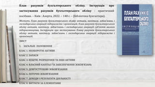 Містить План рахунків бухгалтерського обліку активів, капіталу, зобов'язань і
господарських операцій підприємств і організацій, План рахунків бухгалтерського
обліку активів, капіталу, зобов'язань і господарських операцій суб'єктів малого
підприємництва, Інструкцію про застосування Плану рахунків бухгалтерського
обліку активів, капіталу, зобов'язань і господарських операцій підприємств і
організацій.
План рахунків бухгалтерського обліку. Інструкція про
застосування рахунків бухгалтерського обліку : практичний
посібник. – Київ : Алерта, 2022. – 148 с. – (Бібліотека бухгалтера).
ЗМІСТ
1. ЗАГАЛЬНІ ПОЛОЖЕННЯ
КЛАС 1. НЕОБОРОТНІ АКТИВИ
КЛАС 2. ЗАПАСИ
КЛАС 3. КОШТИ, РОЗРАХУНКИ ТА ІНШІ АКТИВИ
КЛАС 4. ВЛАСНИЙ КАПІТАЛ ТА ЗАБЕЗПЕЧЕННЯ ЗОБОВ’ЯЗАНЬ
КЛАС 5. ДОВГОСТРОКОВІ ЗОБОВ’ЯЗАННЯ
КЛАС 6. ПОТОЧНІ ЗОБОВ’ЯЗАННЯ
КЛАС 7. ДОХОДИ І РЕЗУЛЬТАТИ ДІЯЛЬНОСТІ
КЛАС 8. ВИТРАТИ ЗА ЕЛЕМЕНТАМИ
 