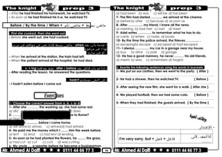 50
- After he had finished his homework, he watched TV.
- As soon as he had finished his h.w, he watched TV.
Before / By the time / When + ‫ماضى‬‫بسيط‬+‫ماضى‬‫تام‬
- First she cooked, then she went out.
- Before she went out, she had cooked.
-‫عندما‬‫يأتى‬‫بعد‬when‫ماضى‬‫بسيط‬‫فإننا‬‫نعبر‬‫عن‬‫مواقف‬‫غير‬‫مرتب‬
‫لها‬–‫غير‬‫مرغوبة‬
‫أو‬‫غير‬‫سارة‬:
- When he arrived at the station, the train had left.
- When the patient arrived at the hospital, he had died.
-‫إذا‬‫لم‬‫يأت‬‫فاعل‬‫بعد‬after / before‫نضع‬‫بعدهما‬v. + ing:
- After reading the lesson, he answered the questions.
-‫فى‬‫النفى‬‫نستخدم‬hadn't:
- I hadn't eaten before I came out.
1- Choose the correct answer from a, b, c or d:
1- After she ……….. the washing up, she had some rest.
a) did b) had done c) was doing d) does
2- …………. he visited them before he flew to Rome?
a) Had b) Has c) Did d) Will
3- My aunt ............. before I came home.
a) will arrive b) arrives c) arrivedd) had arrived
4- He paid me the money which I ........ him the week before.
a) lent b) lend c) had lent d) lending
5- As soon as he had planted the flowers, he ......... the grass.
a) had cut b) cut c) cuts d) was cutting
6- My uncle .... a reporter before he became a businessman.
a) had been b) was c) will be d) has been
7- The film had started ……….. we arrived at the cinema.
a) before b) after c) because d) as soon as
8- After ………….. my friend, I knew all the news.
a) meeting b) had met c) met d) meet
9- Adel writes …………. to remember what he has to do.
a) cards b) letters c) notes d) books
10- By the time the police arrived, the thieves ……….... .
a) escapingb) escape c) escaped d) had escaped
11- I always …………. my car in a garage near my house.
a) buy b) drive c) park d) garage
12- He has a good memory, he never ……… his old friends.
a) meets b) sees c) remembers d) forgets
2- Rewrite the following sentences using the words in brackets:
1- We put on our clothes, then we went to the party. ( After )
………………………………………………………………..……………………………………..
2- He had a shower, then he watched TV. ( Before )
………………………………………………………………..……………………………………..
3- After seeing the new film, she went for a walk. ( After she )
………………………………………………………………..……………………………………..
4- We played football, then we had some cola. ( Before )
………………………………………………………………..……………………………………..
5- When they had finished, the guests arrived. ( By the time )
………………………………………………………………..……………………………………..
Apologising:
-‫العتذار‬
meaningApologising
‫أنا‬‫آسف‬،‫لنى‬
.........
I'm very sorry, but + ‫فاعل‬+‫فعل‬
 