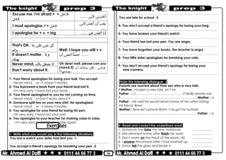 50
‫أعذرنى‬‫لنى‬.......
Excuse me. I'm afraid + ‫فاعل‬+
‫فعل‬
‫يجب‬‫أن‬‫أعتذر‬‫لنى‬
....
I must apologise, I + ‫فعل‬
‫أنا‬‫أعتذر‬‫عن‬......I apologise for + v. + ing
Refusing ‫رفض‬Accepting ‫قبول‬
Well, I hope you will + v.
‫حسنا‬‫أتمنى‬‫أن‬ ........
That's OK. ‫كل‬‫شئ‬‫على‬‫ما‬
‫يرام‬
It doesn't matter. ‫و‬‫ل‬
‫يهمك‬
Oh dear! well, please can you
(mend it) ‫ويحى‬،‫هل‬‫يمكنك‬‫أن‬
‫تصلحها؟‬
Never mind. ‫ل‬‫تشغل‬‫بالك‬
Don't worry about it.
1- Your friend apologises for losing your ball. You accept.
- Never mind. or - It doesn't matter.
2- You borrowed a book from your friend and lost it.
- I'm very sorry. I have lost your book.
3- Your friend apologised to you for not coming on time.
- Never mind. or Don't worry about it.
4- Someone spilt tea on your new shirt. He apologised.
- Never mind. or - It doesn't matter.
5- You apologise for your friend for losing his pen.
- I'm very sorry. I have lost your pen.
6- You apologise to your teacher for making noise in class.
- I'm very sorry. I won't make noise again.
1- Write what you would say in the following situations:
1-You lost a watch your sister had lent you.
………………………………………………………………..……………………………………..
2-You accept a friend’s apology for breaking your pen.
………………………………………………………………..……………………………………..
3-You are late for school.
………………………………………………………………..……………………………………..
4- You don’t accept a friend’s apology for losing your bag.
………………………………………………………………..……………………………………..
5- You have broken your friend's watch.
………………………………………………………………..……………………………………..
6- Your friend has lost your pen. You are angry.
………………………………………………………………..……………………………………..
7- You have forgotten your books, the teacher is angry.
………………………………………………………………..……………………………………..
8- Your little sister apologises for breaking your ruler.
………………………………………………………………..……………………………………..
9- You don't accept your friend's apology for losing your
new camera.
………………………………………………………………..……………………………………..
2-Finish the following dialogue
Parents are worried about their son who is very late.
Mother : Hussein is very late, isn’t he?
Father : (1) ………………………………….. . It really worries me.
Mother : (2(?……………………………..………………………………
Father : He said he would return home at ten after visiting
his friend, Rami.
Mother : Now let’s phone Rami. I’ve got his number.
Father : (3(. .……………………….……………………………………
3- Read and correct the underlined word:
1- Someone has take my new notebook. …………….…
2- She returned home after finish her work. ……………….
3- Don't worry on the result of the exam, Ali. ……………….
4- I answer the phone after I had washed up. ……...……….
5- Omar fell the glass and broke it. ……………….
 