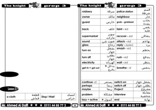 50
a cloth
‫قطعة‬
‫قماش‬
Stop ! thief
‫امسك‬
‫حرامى‬
robbery ‫سرقة‬ police station
‫قسم‬
‫شرطة‬
owner ‫مالك‬ neighbour ‫جار‬
guard ‫حارس‬ grab - grabbed
‫يجذب‬
‫بشدة‬
back ‫خلف‬ faint - ed
‫يغمى‬
‫عليه‬
supermarket
‫سوبر‬
‫ماركت‬
recover - ed ‫يتعافى‬
sound ‫صوت‬‫شئ‬ attack - ed ‫يهاجم‬
glass ‫زجاج‬ reply - replied ‫يرد‬
turn on
‫يشغل‬
‫جهاز‬
smash - ed
‫يحطم‬
turn off
‫يطفئ‬
‫جهاز‬
rush - ed ‫يندفع‬
electricity ‫كهرباء‬ wait - ed ‫ينتظر‬
get in × get out
‫يدخل‬×
‫يخرج‬
breathe - d ‫يتنفس‬
continue -d ‫يستمر‬ switch on ‫يشغل‬‫جهاز‬
perhaps ‫ربما‬ switch off ‫يطفئ‬‫جهاز‬
maybe ‫ربما‬ Project ‫مشروع‬
problem ‫مشكلة‬ interview
‫مقابلة‬
‫شخصية‬
lazy × active ‫كسول‬× end ‫نهاية‬
 